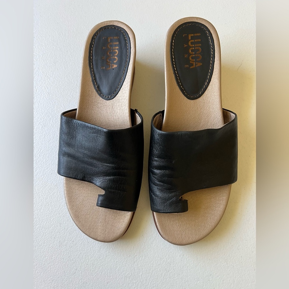 Lucca Lane Women's Brush Brown Leather Toe Ring Wedge Sandals Size 9